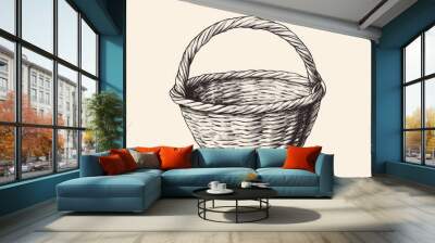 Empty wicker basket linear drawing featuring a vintage round container with handle in retro style. Ideal for rustic design concepts on isolated backgrounds, capturing the essence of harvest festivals. Wall mural