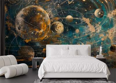 Exploration of the cosmos with stars, galaxies, and celestial bodies. Educational collage on astronomy and science. Wall mural