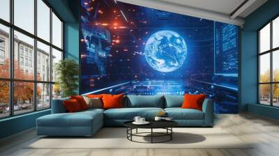 Immersive digital HUD presents business data with planet hologram on blue background, offering statistics and data analysis.  Wall mural