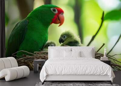 In a jungle safari zoo in India, a vibrant green Moluccan eclectus parrot tenderly cares for its young in a nest. Wall mural