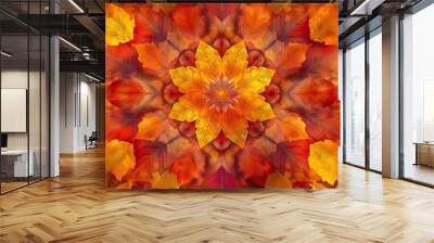 Kaleidoscopic autumn leaves flutter in a vibrant dance, forming a breathtaking mandala. Wall mural