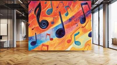 Musical notes adorn a vibrant backdrop, creating a symphony of symbols. Funky patterns featuring bass clefs ignite a celebration, perfect for a festive greeting. Wall mural