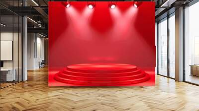 Podium with circular red presentation stage on light backdrop under four spotlights. Editable vector background illustration.  Wall mural