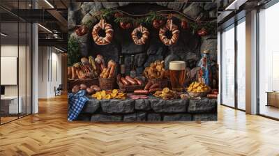 Pretzels, beer, sausages, potato chips, and Bavarian fabric adorn this Oktoberfest display against a dark stone backdrop. Wall mural