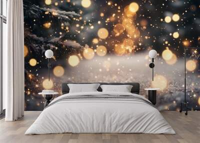 Shimmering dust, festive designs, and bokeh lights create a mesmerizing background. White dust, bokeh lights, and Christmas glowing light confetti add sparkle and joy. Wall mural