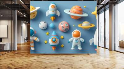 Space 3D icon set featuring whimsical representations of astronauts, planets, satellites, rockets, UFOs, and comets. Wall mural