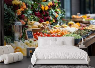 Thanksgiving feast preparation: table decor, food, and backdrop. Restaurant catering for outdoor event, offering vegetable buffet and dinner celebration. Wall mural