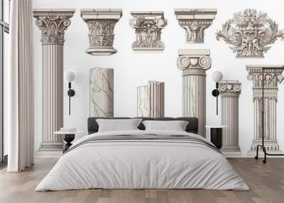 Vector icons depicting ancient Greek and Roman architecture, including line art illustrations of marble pillars, columns, and ornate cornices. Wall mural