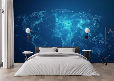 World map on futuristic blue background with plexus geometric shapes. Represents internet, technology, social networking, and the future. Wall mural