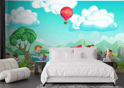 Colorful vector illustration. Summer children's rest. Happy children are resting on a picturesque meadow. They ride bicycles, play against the backdrop of mountains and blue skies. Wall mural