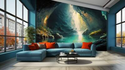 A beautiful mystical underground cavern with blue water and golden light rays. Generative AI.  Wall mural