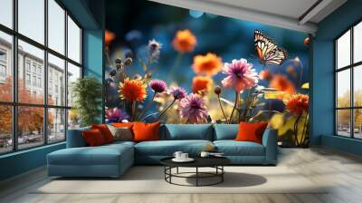 A beautiful summer nature setting with golden light, flowers, and butterflies. Generative AI.  Wall mural