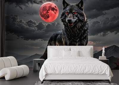 A black wolf under a red blood moon.  Wall mural