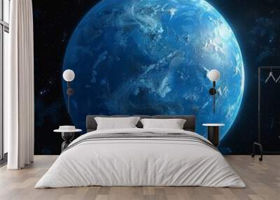 A blue space illustration with planets and moons.  Wall mural