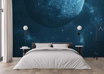 A blue space illustration with planets and moons.  Wall mural