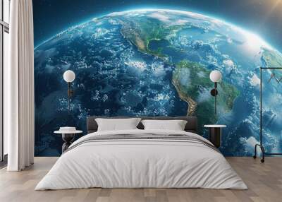 A blue space illustration with planets and moons.  Wall mural