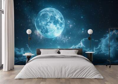 A blue space illustration with planets and moons.  Wall mural