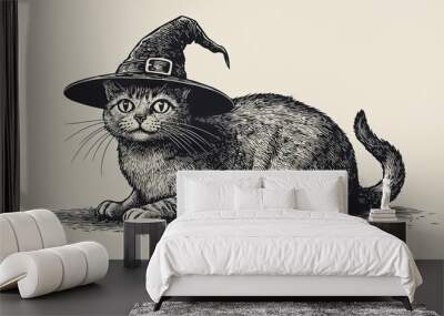 A cat wearing a witch hat on a white background.  Wall mural