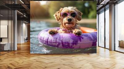 A cute dog in an inner tube in the water having a fun summer vacation, wearing sunglasses.  Wall mural