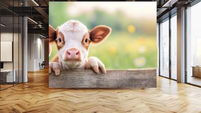 A cute group of baby farm animals looking over a wooden fence.  Wall mural