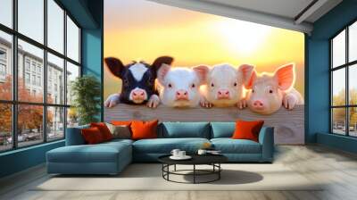 A cute group of baby farm animals looking over a wooden fence.  Wall mural