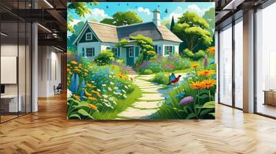 A cute white house or cottage with a beautiful garden with butterflies, in a cartoon style illustration.  Wall mural