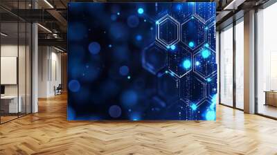 A dark blue abstract technology background with geometric shapes and bokeh blur.  Wall mural