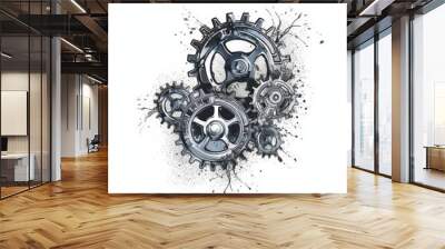 A digital graphic design of interlocking gears in bright colors with white background. Generative AI.  Wall mural