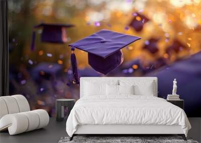 A group of graduation caps being thrown in the air with confetti.  Wall mural