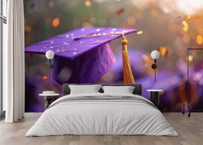 A group of graduation caps being thrown in the air with confetti.  Wall mural