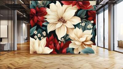 A seamless pattern of red and white poinsettia blooms. Generative AI.  Wall mural