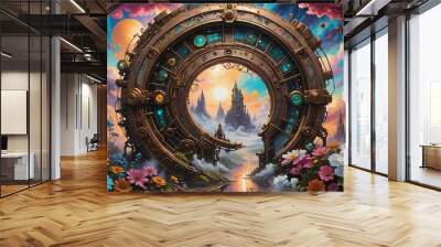 A steampunk portal in the sky with flowers.  Wall mural