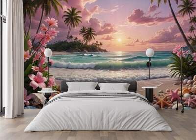 A tropical beach at sunset with pink light and seashells on the clean sand.  Wall mural