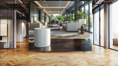 A white coffee mug mock up, on a wooden desk in a modern office. Wall mural