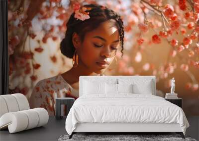 A young African American woman reading outside under a flowering tree. This is not a real person. Generative AI.  Wall mural