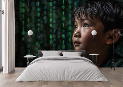 A young child surrounded by dripping green binary code.  Wall mural