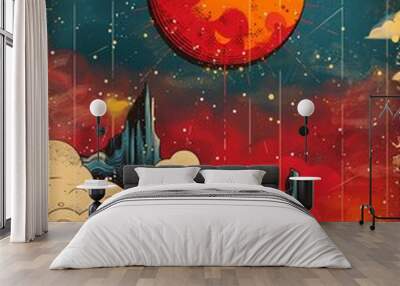 An abstract geometric illustration of the sun and sky in a cartoon style. Wall mural