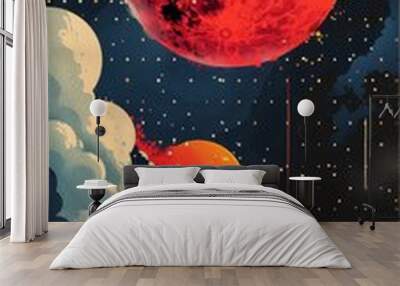 An abstract geometric illustration of the sun and sky in a cartoon style. Wall mural