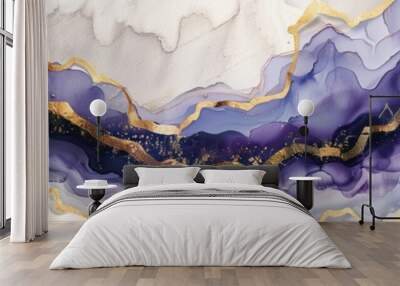 An abstract purple and gold illustration or a geode like texture on white background.  Wall mural