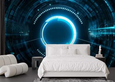 An abstract technology circle made with computer code in blue and green on a black background.  Wall mural