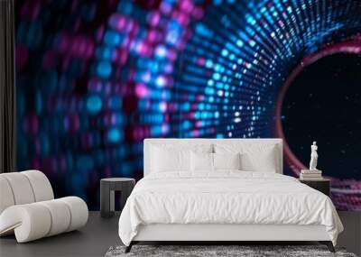 An abstract technology circle with computer code in vibrant purple and blue on a black background.  Wall mural