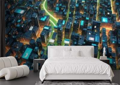 An aerial view of city buildings with blue and green lights.  Wall mural