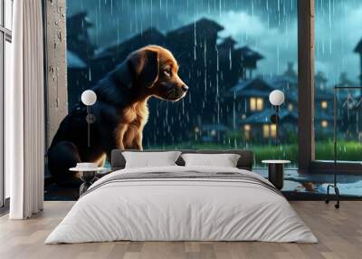 An illustration of a puppy looking out the window at the rainy weather.  Wall mural