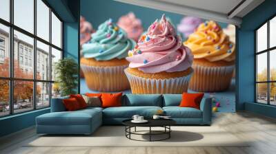 Delicious cupcakes with different colors of buttercream frosting and sprinkles on a blue background.  Wall mural