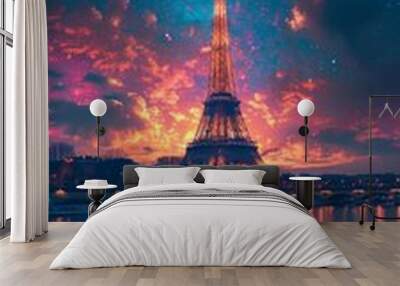 The Eiffel tower at night with a starry sky.  Wall mural