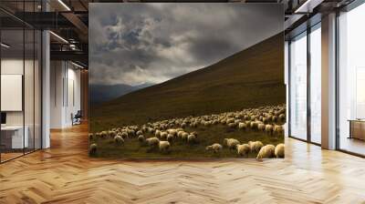 flock sheep on a background of dramatic landscape Wall mural