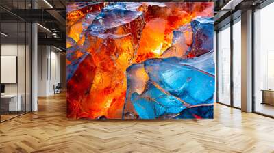 Selective focus colorful abstract cold ice pieces melting in hot fire flame, blue red display background, climate change, global warming concept Wall mural