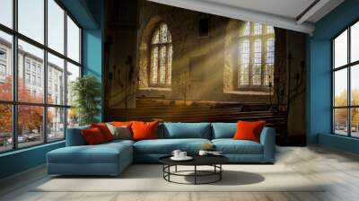 Stained glass windows with sun rays pouring in Wall mural