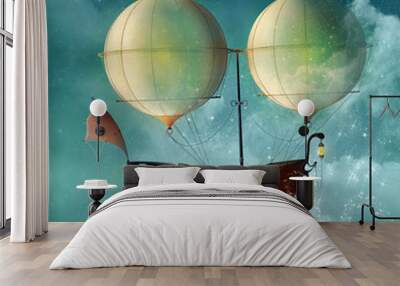 Fantasy steampunk vessel flies in a blue sky - 3D illustration Wall mural