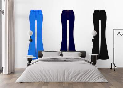 Classic women jeans different color. Different types of women blue jeans pants, skinny, boot cut, flare, boyfriend, straight and wide leg, isolated on white background. Vector illustration. Wall mural